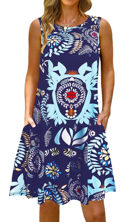 Women Printed Vest Pocket Dress