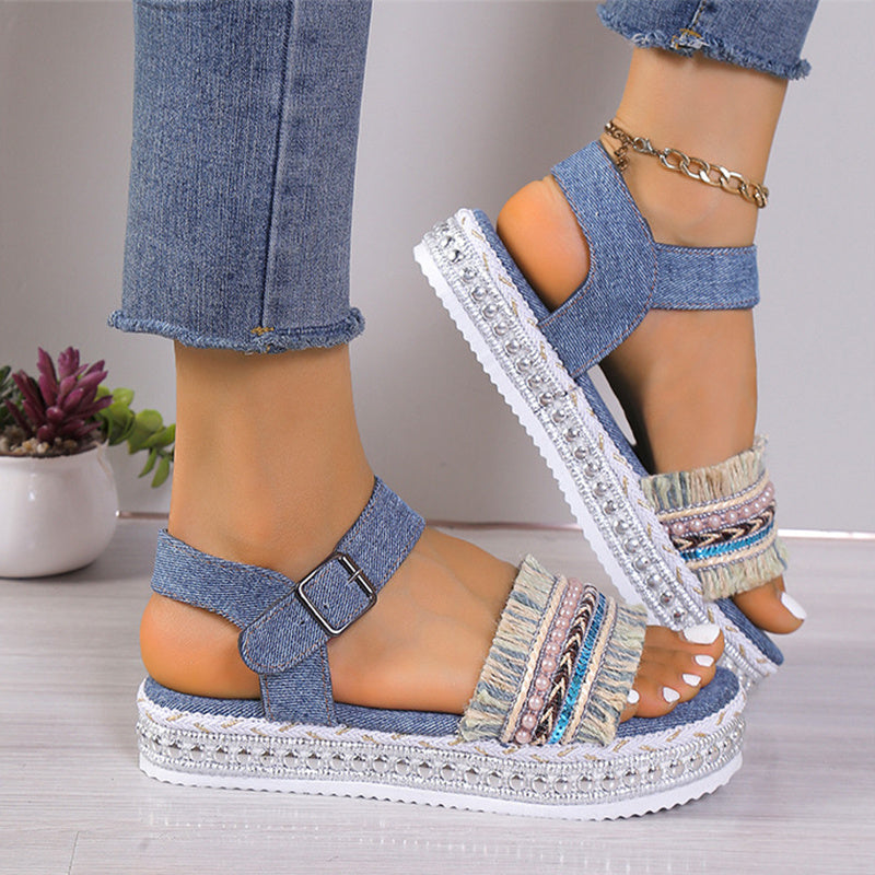 Women Fashion Tassel Denim Sandals