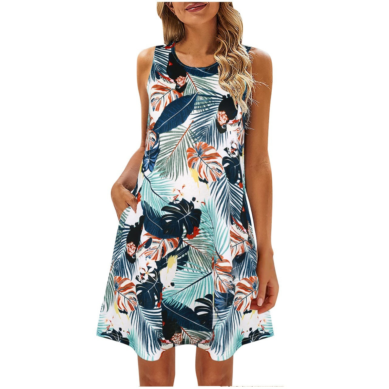 Women Printed Vest Pocket Dress