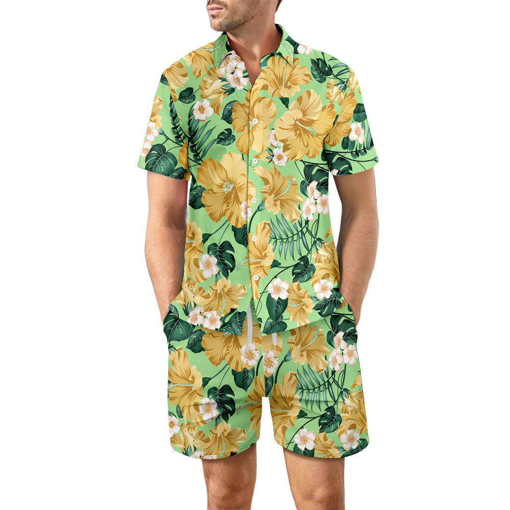 2Pcs Printed Beach Shirt Summer Suit