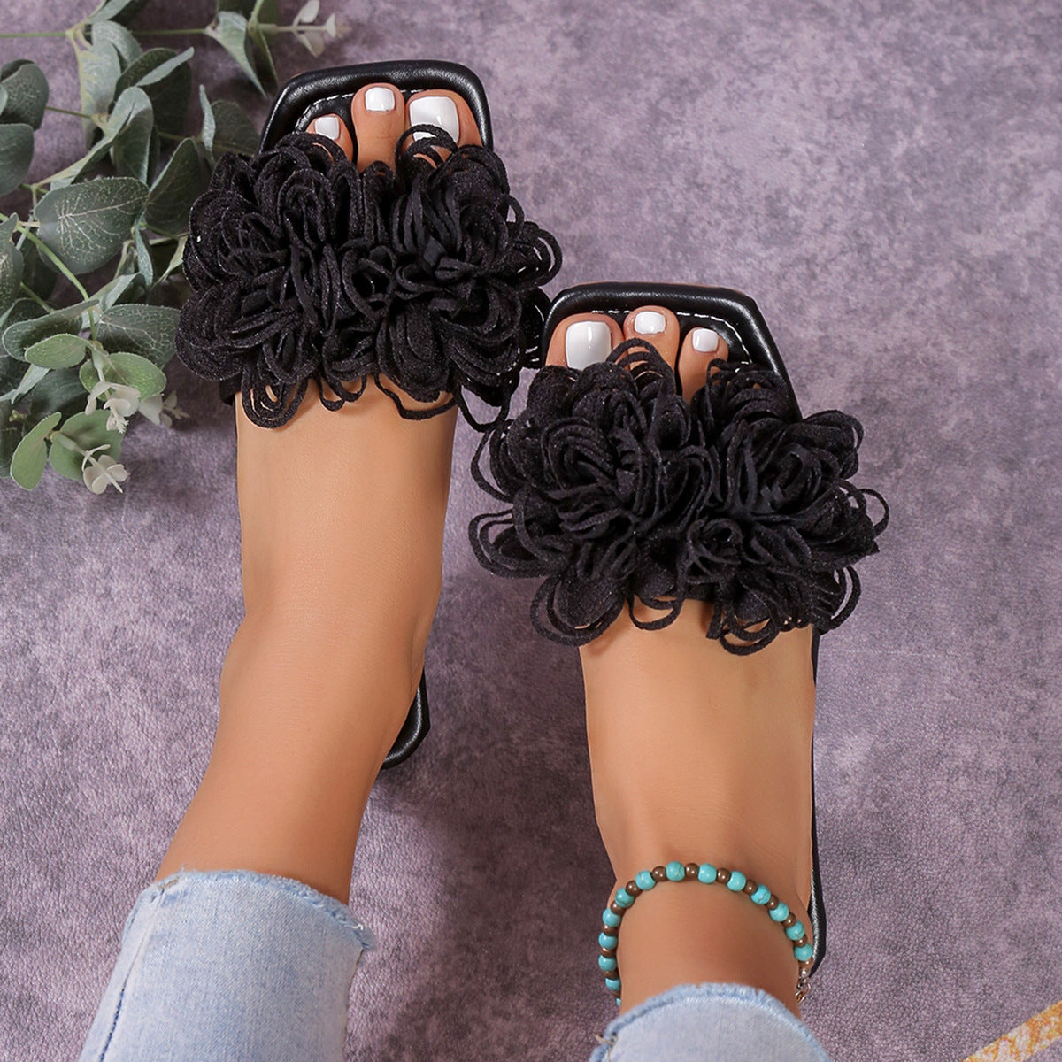 Women Fashion Flower Flat Slippers