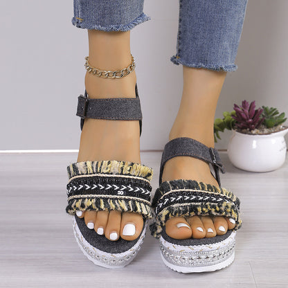 Women Fashion Tassel Denim Sandals