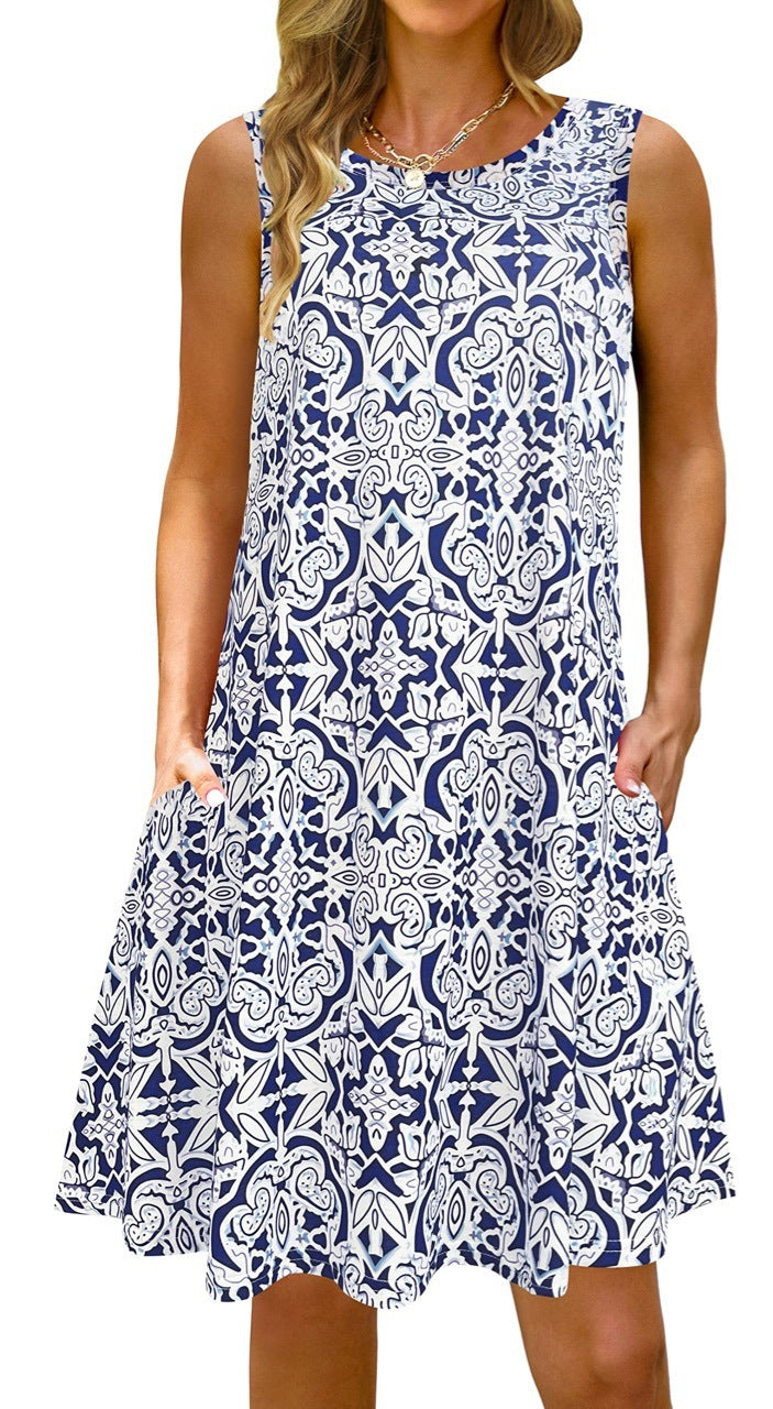 Women Printed Vest Pocket Dress