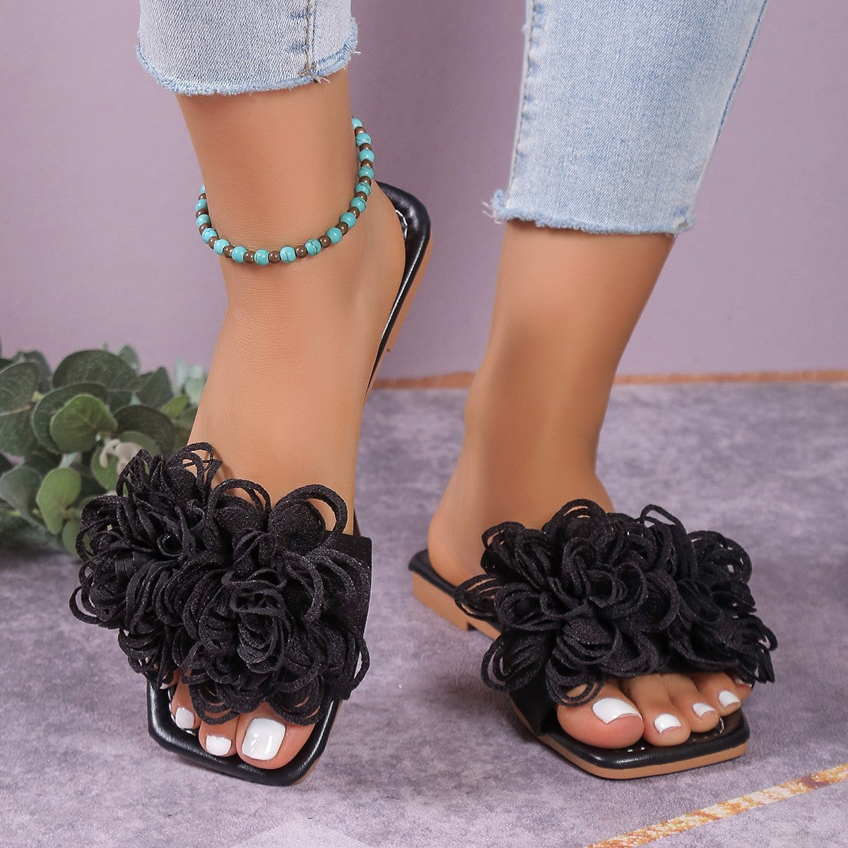 Women Fashion Flower Flat Slippers