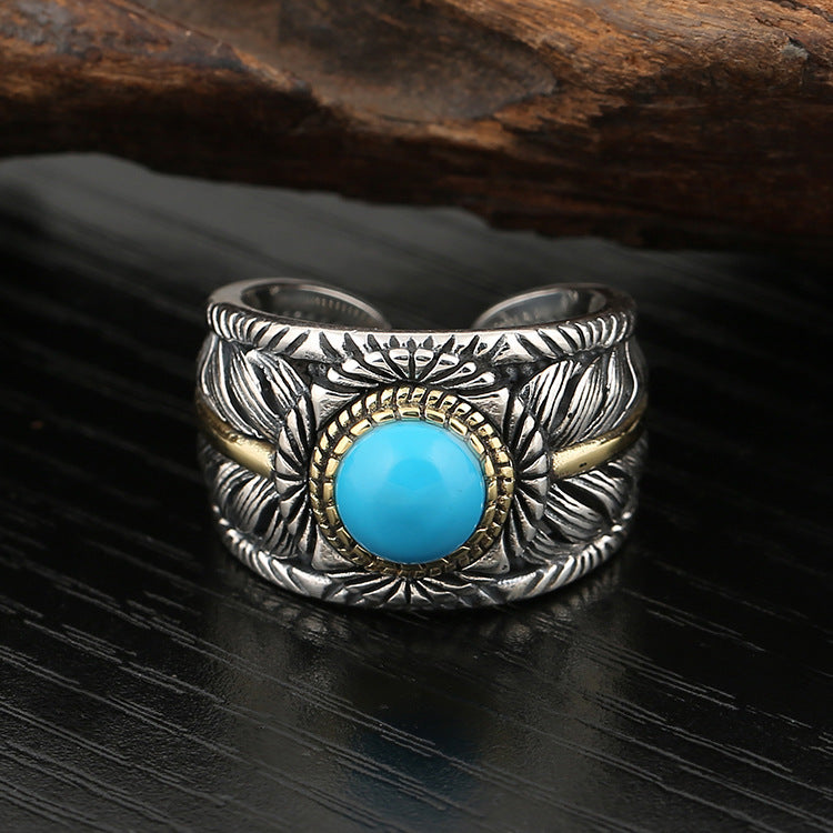 Men Fashion  Personality Turquoise Feather Ring