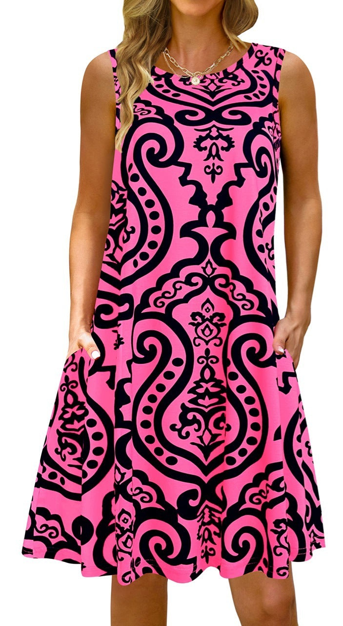 Women Printed Vest Pocket Dress