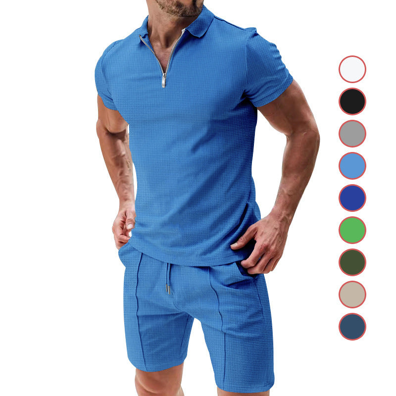 Men 2Pcs Casual Waffle Zipper Suit