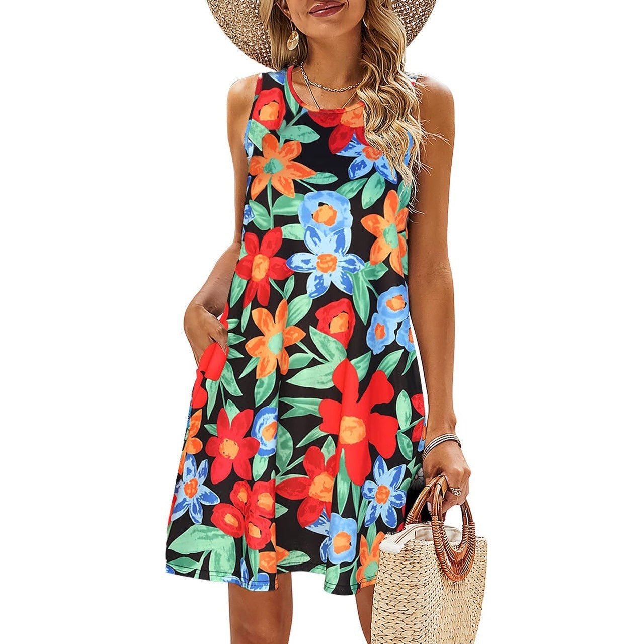 Women Printed Vest Pocket Dress