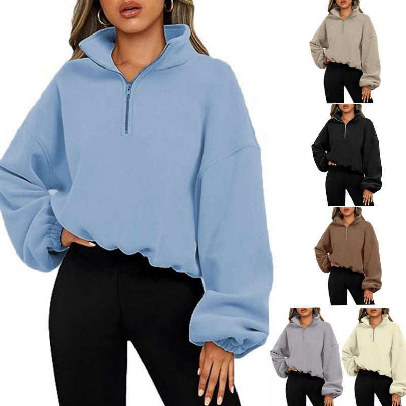 Women Zipper Stand Collar Sweatshirt