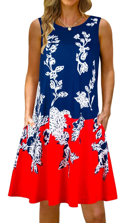 Women Printed Vest Pocket Dress