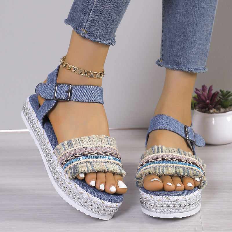 Women Fashion Tassel Denim Sandals