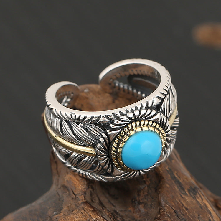 Men Fashion  Personality Turquoise Feather Ring