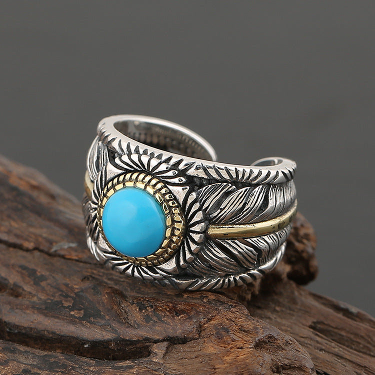 Men Fashion  Personality Turquoise Feather Ring