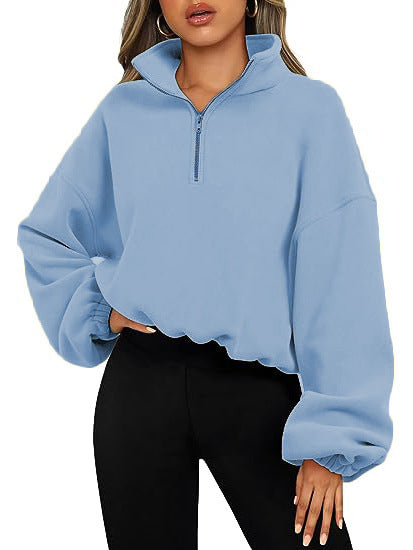 Women Zipper Stand Collar Sweatshirt