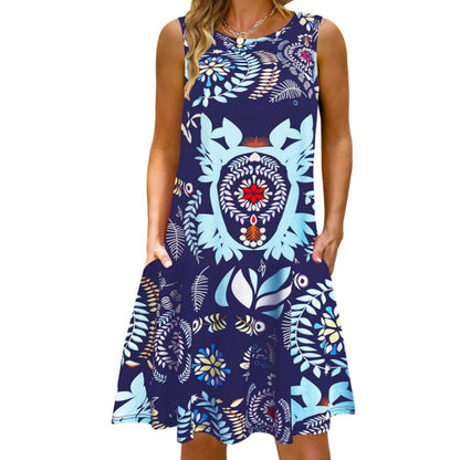 Women Printed Vest Pocket Dress