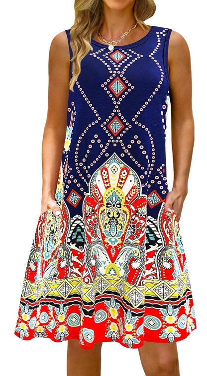 Women Printed Vest Pocket Dress